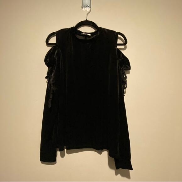 SAMANTHA DRU Ruffle Velvet Cold Open Shoulder Tie Bow Sweatshirt Top - Picture 3 of 10